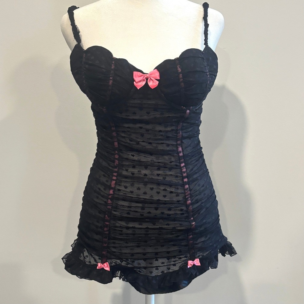 Victoria Secret Womens Babydoll Slip Dress 36C Mesh Heart Ruched Pink Bows 21913
